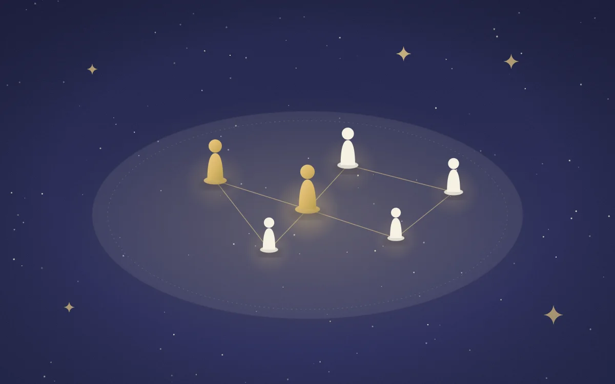 Illustration : figurines reliées par des fils dorés sur un tapis, comme lors d’une constellation familiale individuelle